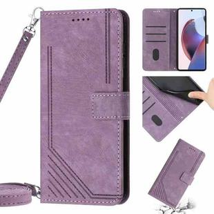 For Motorola G Pure Skin Feel Stripe Pattern Leather Phone Case with Lanyard(Purple)