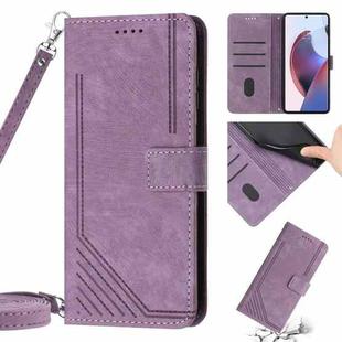 For Motorola Moto E13 Skin Feel Stripe Pattern Leather Phone Case with Lanyard(Purple)