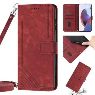 For Motorola Moto G Power 2022/G Play 2023 Skin Feel Stripe Pattern Leather Phone Case with Lanyard(Red)