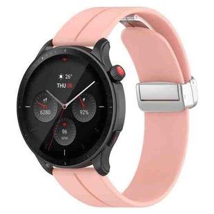 For Amazfit GTR 4 Magnetic Fold Clasp Silver Buckle Silicone Watch Band(Light Pink)