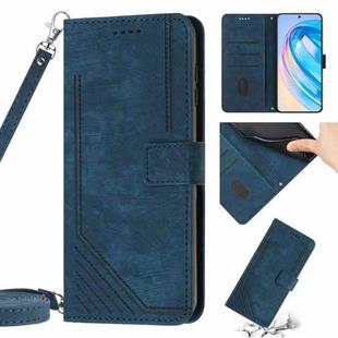 Honor X9a 5G / Magic5 Lite Skin Feel Stripe Pattern Leather Phone Case with Lanyard(Blue)