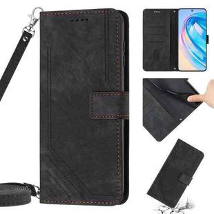 Honor X9a 5G / Magic5 Lite Skin Feel Stripe Pattern Leather Phone Case with Lanyard(Black)