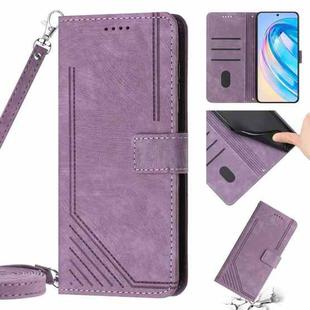 Honor X9a 5G / Magic5 Lite Skin Feel Stripe Pattern Leather Phone Case with Lanyard(Purple)