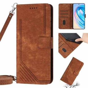 Skin Feel Stripe Pattern Leather Phone Case with Lanyard for Huawei P30 lite / nova 4e / Honor 20S Russia / 20 lite Russia(Brown)