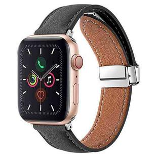 Folding Buckle Genuine Leather Watch Band For Apple Watch Ultra 49mm / Series 8&7 45mm / SE 2&6&SE&5&4 44mm / 3&2&1 42mm(Black)