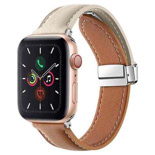 Folding Buckle Genuine Leather Watch Band For Apple Watch Ultra 49mm / Series 8&7 45mm / SE 2&6&SE&5&4 44mm / 3&2&1 42mm(White + Brown)