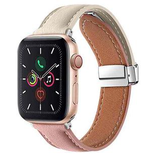 Folding Buckle Genuine Leather Watch Band For Apple Watch Series 8&7 41mm / SE 2&6&SE&5&4 40mm / 3&2&1 38mm(White + Pink)