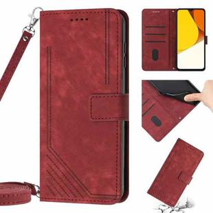 Skin Feel Stripe Pattern Leather Phone Case with Lanyard for vivo Y20 / Y20i / Y20s / Y12s Global / Y11s Global / Y20 2021 / Y20g / Y30g / Y20a Global / Y3s 2021 / iQOO U1x(Red)