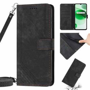 For Realme 10 Pro+ 5G Skin Feel Stripe Pattern Leather Phone Case with Lanyard(Black)