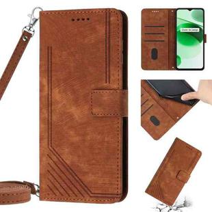 Skin Feel Stripe Pattern Leather Phone Case with Lanyard for Realme C12 / C15 / C25 / C25s / 7i Global / Narzo 20 / Narzo 30A(Brown)