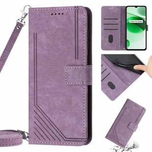 Skin Feel Stripe Pattern Leather Phone Case with Lanyard for Realme C12 / C15 / C25 / C25s / 7i Global / Narzo 20 / Narzo 30A(Purple)