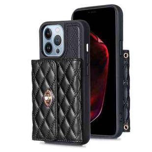 For iPhone 14 Pro Horizontal Metal Buckle Wallet Rhombic Leather Phone Case(Black)