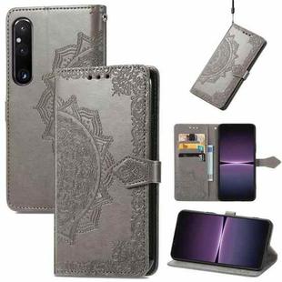 For Sony Xperia 1 IV Mandala Flower Embossed Leather Phone Case(Grey)