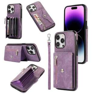 For iPhone 14 Zipper RFID Card Slot Phone Case with Short Lanyard(Purple)