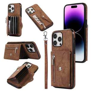 For iPhone 14 Zipper RFID Card Slot Phone Case with Short Lanyard(Brown)
