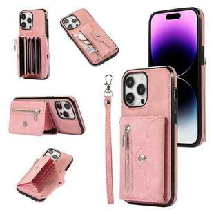 For iPhone 14 Plus Zipper RFID Card Slot Phone Case with Short Lanyard(Rose Gold)