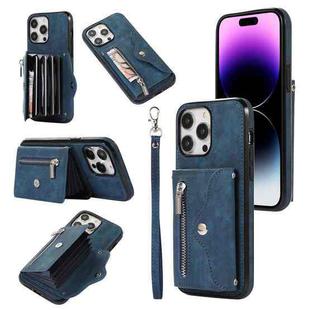 For iPhone 14 Pro Max Zipper RFID Card Slot Phone Case with Short Lanyard(Blue)