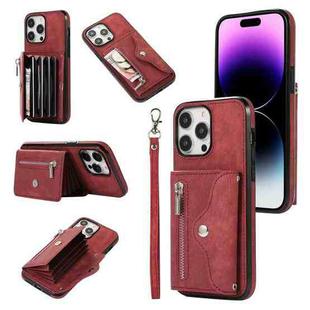 For iPhone 13 Pro Zipper RFID Card Slot Phone Case with Short Lanyard(Red)