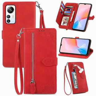 For Blackview A85 Embossed Flower Zipper Leather Phone Case(Red)