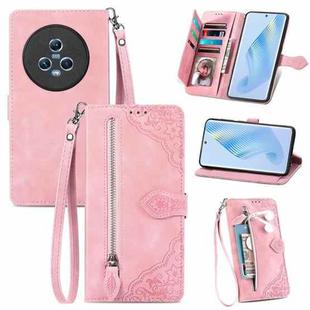 For Honor Magic5 Embossed Flower Zipper Leather Phone Case(Pink)