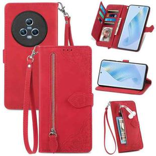 For Honor Magic5 Embossed Flower Zipper Leather Phone Case(Red)