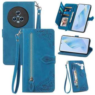 For Honor Magic5 Embossed Flower Zipper Leather Phone Case(Blue)