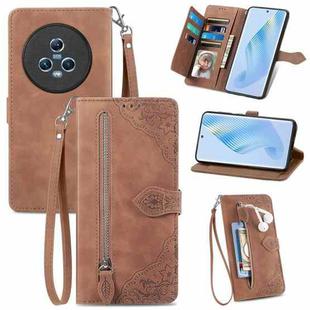 For Honor Magic5 Embossed Flower Zipper Leather Phone Case(Brown)