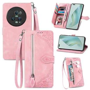 For Honor Magic5 Pro Embossed Flower Zipper Leather Phone Case(Pink)