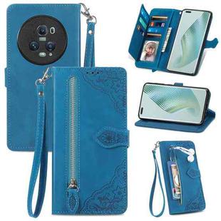 For Honor Magic5 Pro Embossed Flower Zipper Leather Phone Case(Blue)