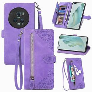For Honor Magic5 Pro Embossed Flower Zipper Leather Phone Case(Purple)