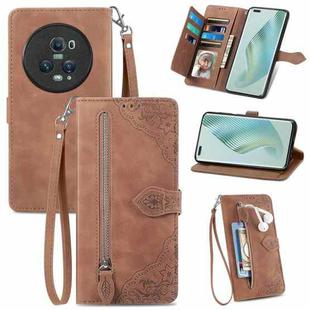 For Honor Magic5 Pro Embossed Flower Zipper Leather Phone Case(Brown)