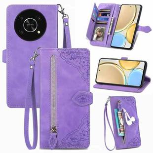 For Honor X30 5G Embossed Flower Zipper Leather Phone Case(Purple)