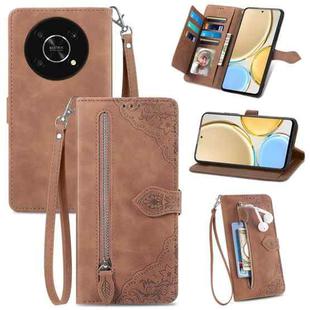 For Honor X30 5G Embossed Flower Zipper Leather Phone Case(Brown)