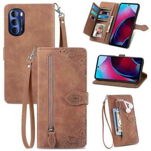 For Motorola Moto G Stylus 2022 Embossed Flower Zipper Leather Phone Case(Brown)