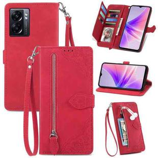 For OPPO A77 Embossed Flower Zipper Leather Phone Case(Red)