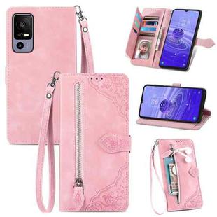 For TCL 40R Embossed Flower Zipper Leather Phone Case(Pink)