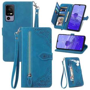 For TCL 40R Embossed Flower Zipper Leather Phone Case(Blue)