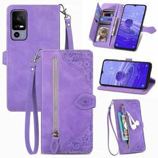 For TCL 40R Embossed Flower Zipper Leather Phone Case(Purple)