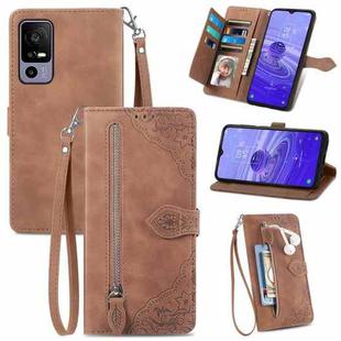 For TCL 40R Embossed Flower Zipper Leather Phone Case(Brown)