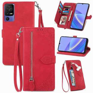 For TCL 40 SE Embossed Flower Zipper Leather Phone Case(Red)