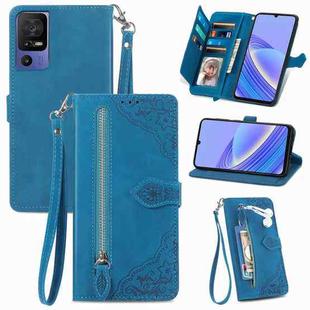 For TCL 40 SE Embossed Flower Zipper Leather Phone Case(Blue)