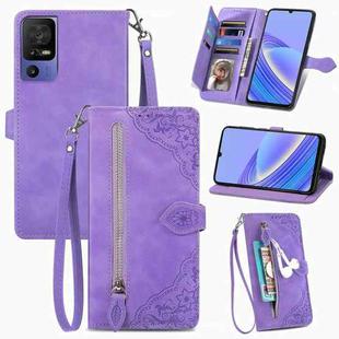 For TCL 40 SE Embossed Flower Zipper Leather Phone Case(Purple)