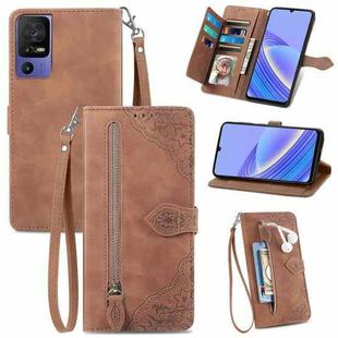 For TCL 40 SE Embossed Flower Zipper Leather Phone Case(Brown)