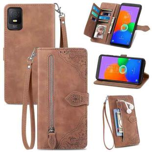 For TCL 403 Embossed Flower Zipper Leather Phone Case(Brown)