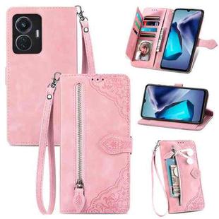 For vivo T1 Embossed Flower Zipper Leather Phone Case(Pink)