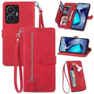 For vivo T1 Embossed Flower Zipper Leather Phone Case(Red)