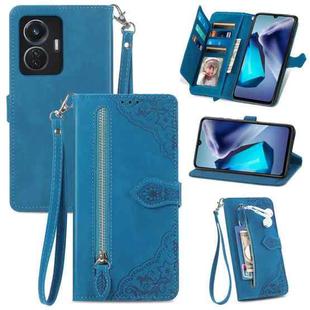 For vivo T1 Embossed Flower Zipper Leather Phone Case(Blue)