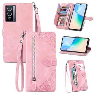 For vivo Y76 5G Embossed Flower Zipper Leather Phone Case(Pink)