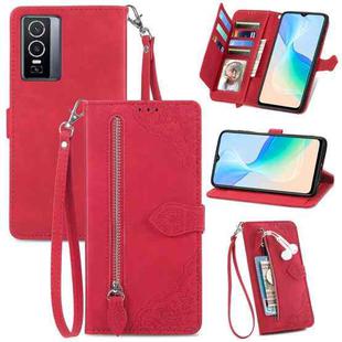 For vivo Y76 5G Embossed Flower Zipper Leather Phone Case(Red)