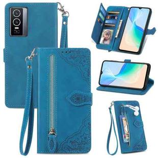 For vivo Y76 5G Embossed Flower Zipper Leather Phone Case(Blue)